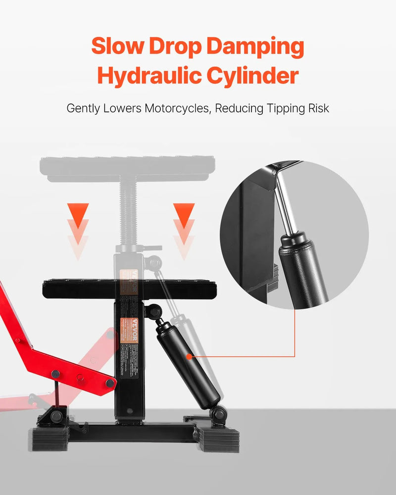 Motocikla hidrauliskais pacēlājs ar regulējamu augstumu 250–465 mm, celtspēja 545 kg, piemērots krosa motociklu apkopei un remontam