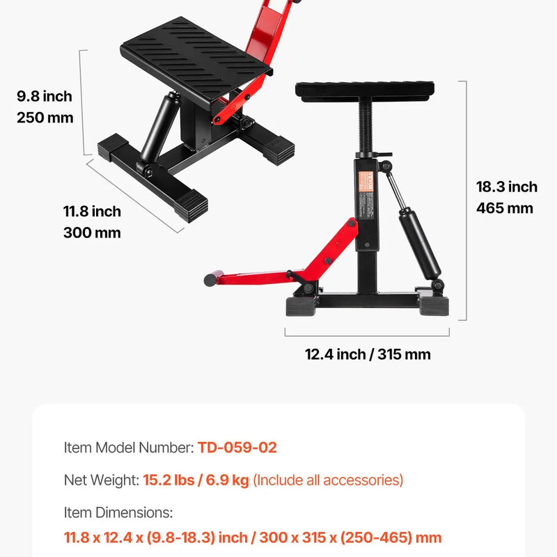 Motocikla hidrauliskais pacēlājs ar regulējamu augstumu 250–465 mm, celtspēja 545 kg, piemērots krosa motociklu apkopei un remontam