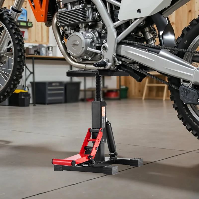 Motocikla hidrauliskais pacēlājs ar regulējamu augstumu 250–465 mm, celtspēja 545 kg, piemērots krosa motociklu apkopei un remontam