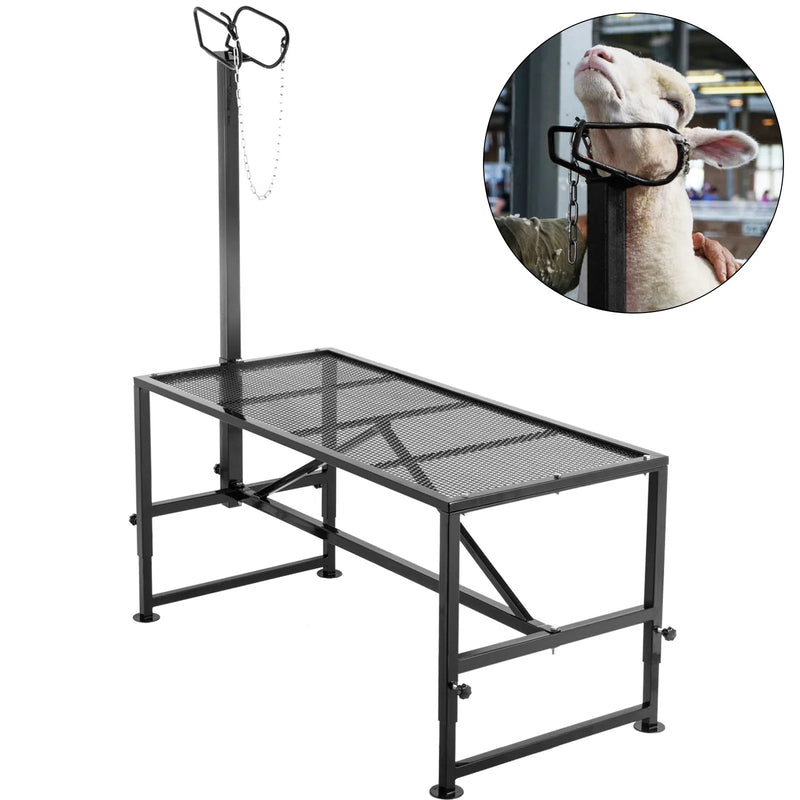 VEVOR lopkopības kopšanas stends 130 × 58 cm ar taisno galvas fiksatoru, metāla rāmis kazu un aitu cirpšanai un kopšanai