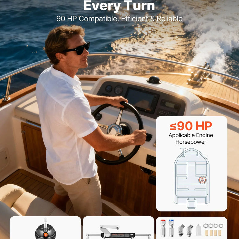 VEVOR hidrauliskās stūrēšanas komplekts, 90 ZS, hidrauliskais stūrēšanas sūknis un cilindrs ar maksimālo darba spiedienu 6,9 MPa / 1000 psi, alumīnija sakausējuma korpuss, pretvārsts, paredzēts ārējiem dzinējiem, makšķerēšanas laivām un buru laivām