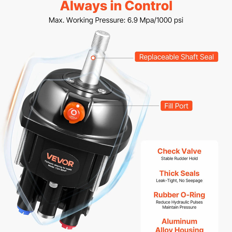 VEVOR hidrauliskās stūrēšanas komplekts, 90 ZS, hidrauliskais stūrēšanas sūknis un cilindrs ar maksimālo darba spiedienu 6,9 MPa / 1000 psi, alumīnija sakausējuma korpuss, pretvārsts, paredzēts ārējiem dzinējiem, makšķerēšanas laivām un buru laivām