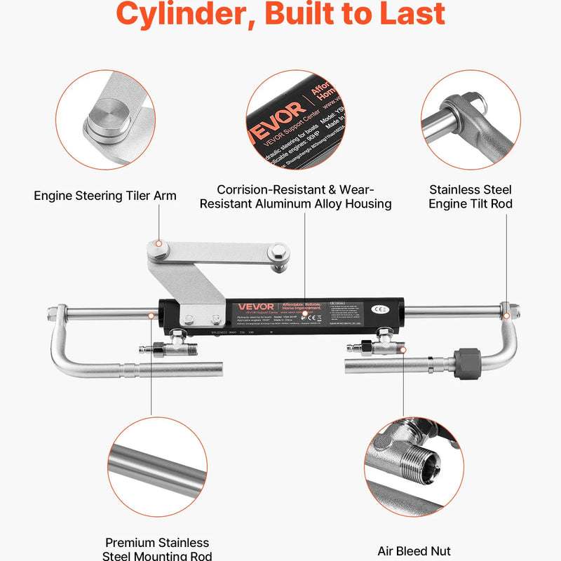 VEVOR hidrauliskās stūrēšanas komplekts, 90 ZS, hidrauliskais stūrēšanas sūknis un cilindrs ar maksimālo darba spiedienu 6,9 MPa / 1000 psi, alumīnija sakausējuma korpuss, pretvārsts, paredzēts ārējiem dzinējiem, makšķerēšanas laivām un buru laivām