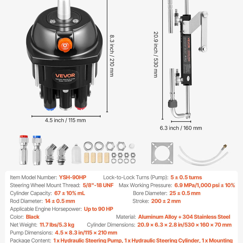VEVOR hidrauliskās stūrēšanas komplekts, 90 ZS, hidrauliskais stūrēšanas sūknis un cilindrs ar maksimālo darba spiedienu 6,9 MPa / 1000 psi, alumīnija sakausējuma korpuss, pretvārsts, paredzēts ārējiem dzinējiem, makšķerēšanas laivām un buru laivām