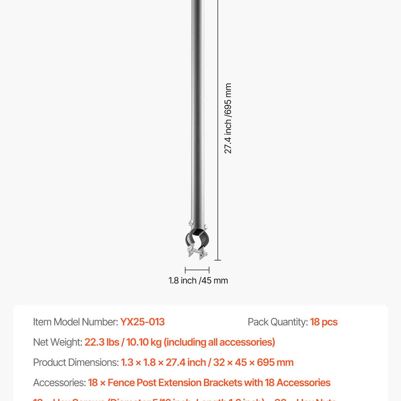Posmu žoga pagarinātāji, 18 gab., 69,5 cm, augšējai sliedei 33–38 mm, U veida kronšteins