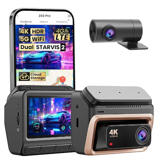 DDPAI Z60 Pro 4K auto video reģistrators – atbalsts 3 kamerām (priekšā, salonā, aizmugurē), SONY STARVIS2, ADAS, 5GHz Wi-Fi, 4G attālinātā piekļuve