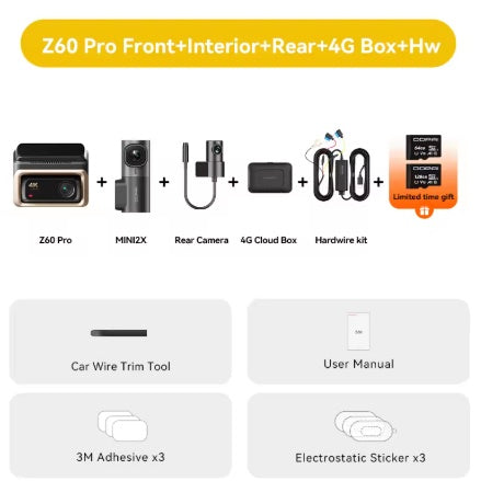 DDPAI Z60 Pro 4K auto video reģistrators – atbalsts 3 kamerām (priekšā, salonā, aizmugurē), SONY STARVIS2, ADAS, 5GHz Wi-Fi, 4G attālinātā piekļuve