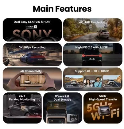 DDPAI Z60 Pro 4K auto video reģistrators – atbalsts 3 kamerām (priekšā, salonā, aizmugurē), SONY STARVIS2, ADAS, 5GHz Wi-Fi, 4G attālinātā piekļuve