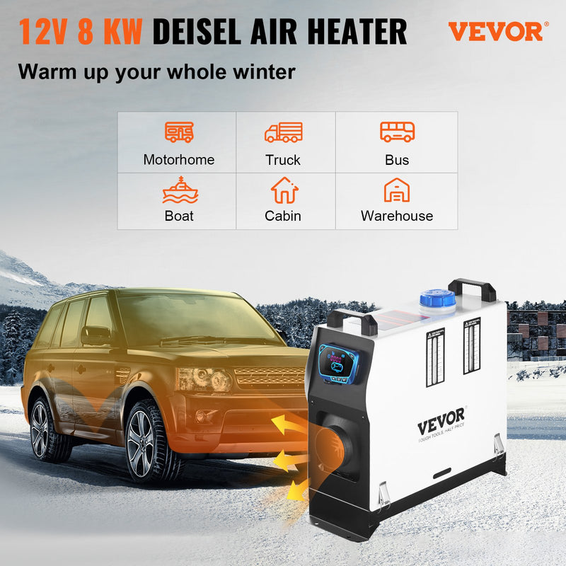 Автономный воздушный отопитель 12V 8kW VEVOR Diesel, отопитель для грузовиков, один выход воздуха, с красным ЖК-переключателем, пульт дистанционного управления, дизельный отопитель быстрого нагрева