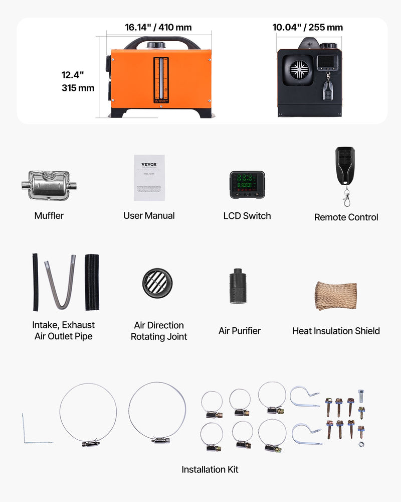 Dīzeļdegvielas gaisa sildītājs 8 kW, DC 12V, portatīvs ātrās uzsildes sildītājs ar tālvadības pulti un kvadrātveida krāsainu digitālo displeju, zema trokšņa līmeņa, piemērots kemperiem, kravas automašīnām, laivām un piekabēm