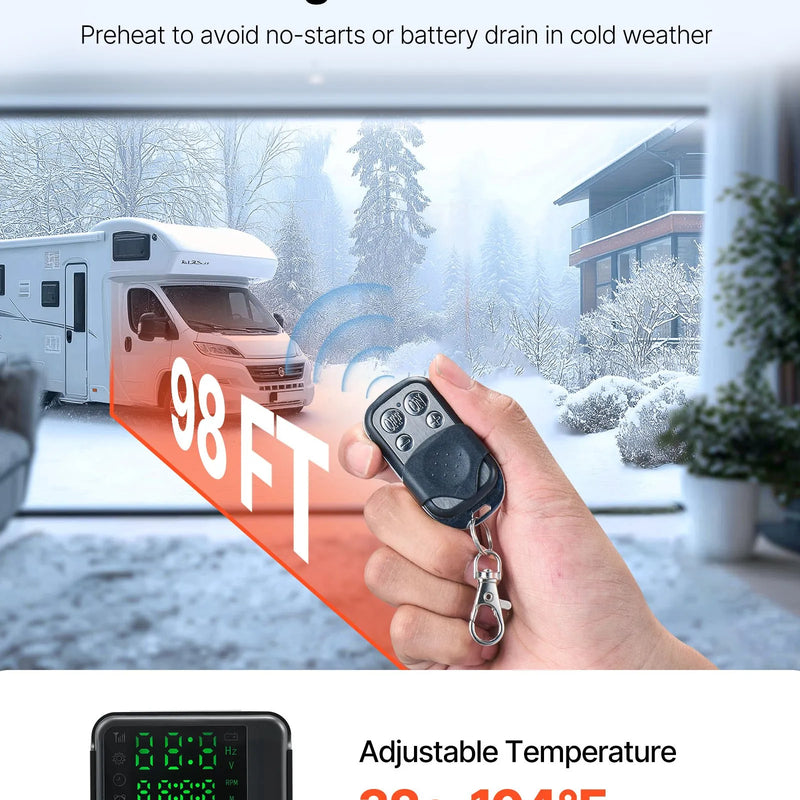 VEVOR dīzeļdegvielas gaisa sildītājs 8 kW, 12V, ar melnu LCD vadības paneli un tālvadības pulti, ātrās uzsildīšanas un priekšsildīšanas funkcija, zems trokšņa līmenis, piemērots kemperiem, kravas auto, furgoniem, piekabēm un laivām