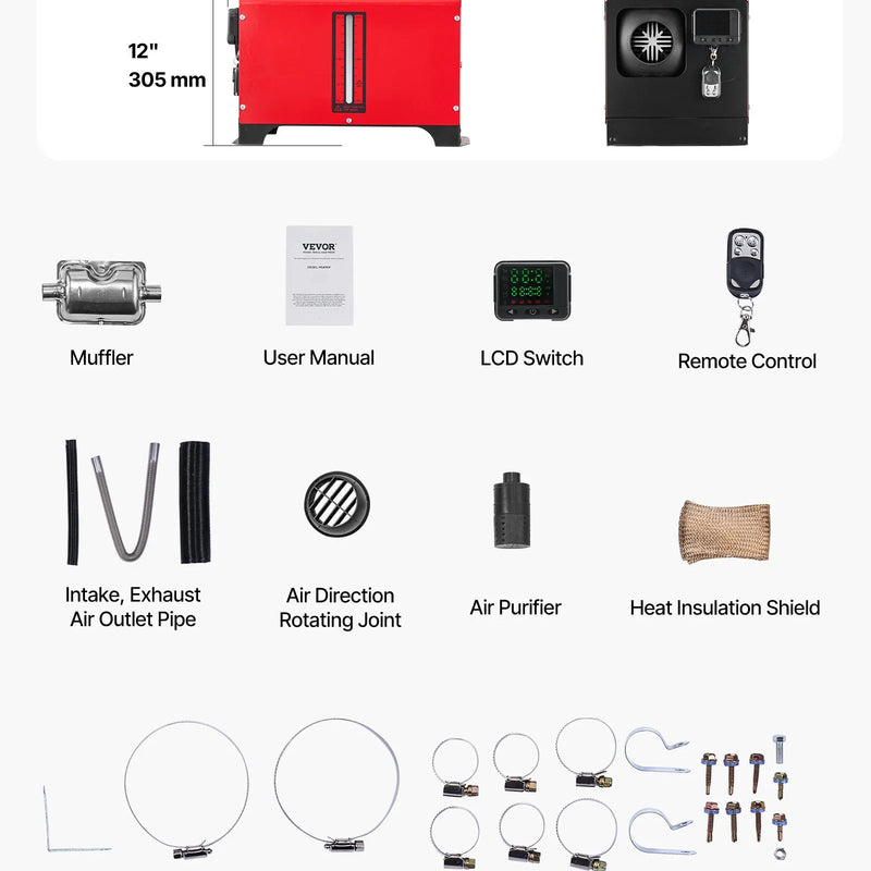 VEVOR dīzeļdegvielas gaisa sildītājs 8 kW, 12V, ar melnu LCD vadības paneli un tālvadības pulti, ātrās uzsildīšanas un priekšsildīšanas funkcija, zems trokšņa līmenis, piemērots kemperiem, kravas auto, furgoniem, piekabēm un laivām