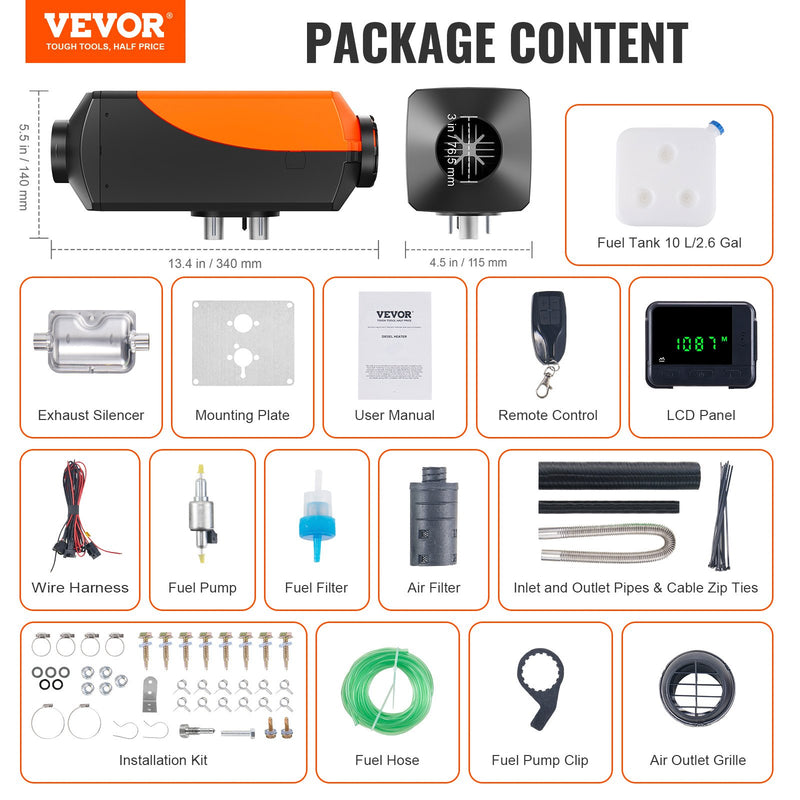 Дизельный воздушный отопитель VEVOR 12В 2кВт с ЖК-дисплеем и пультом дистанционного управления для автомобилей, автобусов, автофургонов и закрытых помещений