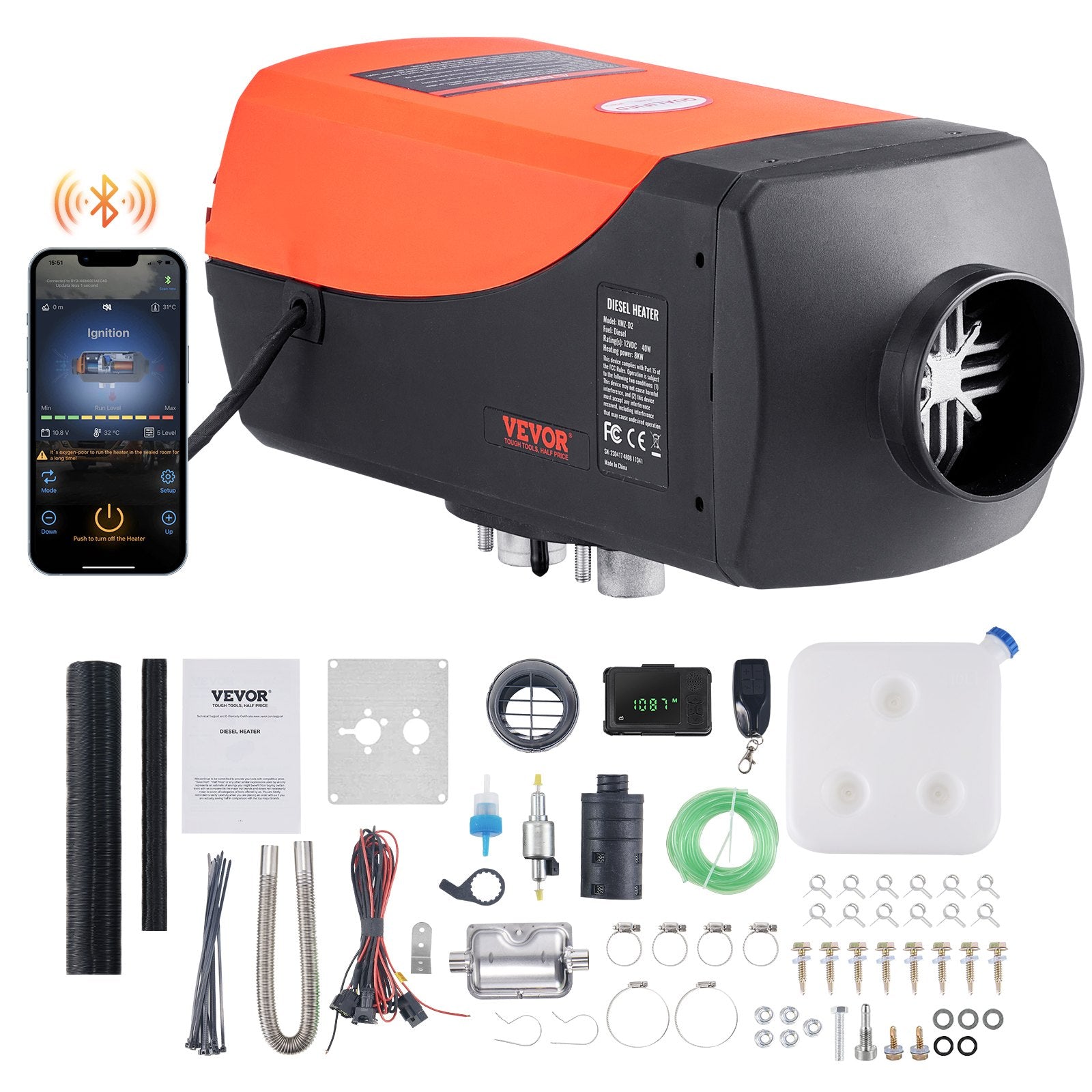 12V 8KW VEVOR Diesel air heater with Bluetooth app and LCD display for cars, buses, campers and indoor