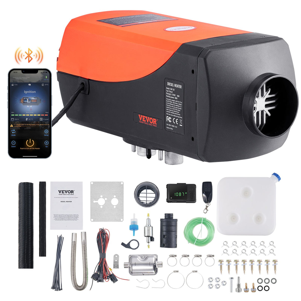 12V 8KW VEVOR Diesel air heater with Bluetooth app and LCD display for cars, buses, campers and indoor