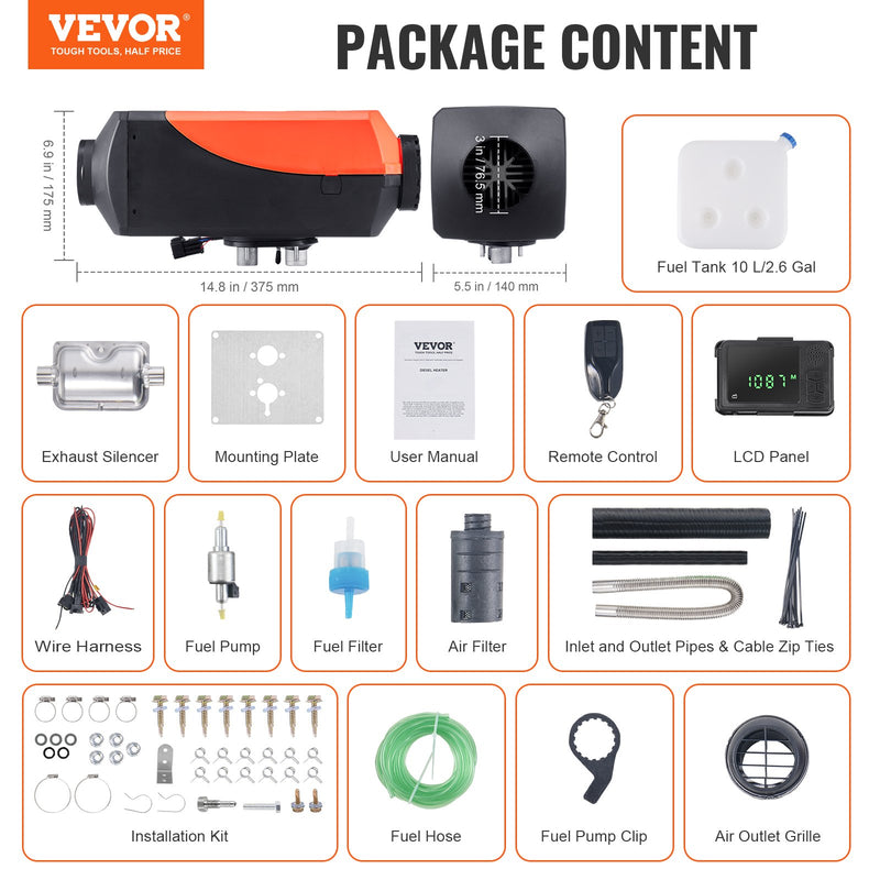12V 8KW VEVOR Dīzeļa gaisa sildītājs  ar Bluetooth lietotni un LCD displeju automašīnām, autobusiem, kemperiem un iekštelpām