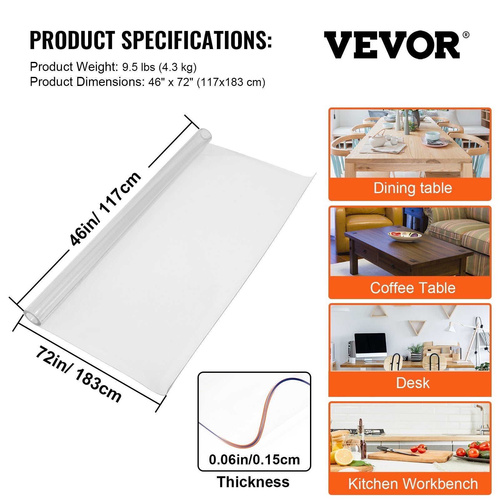 VEVOR PVC galda pārklājs, 117 × 183 cm, 1,5 mm biezs – ūdens- un eļļasizturīgs aizsargpārklājs