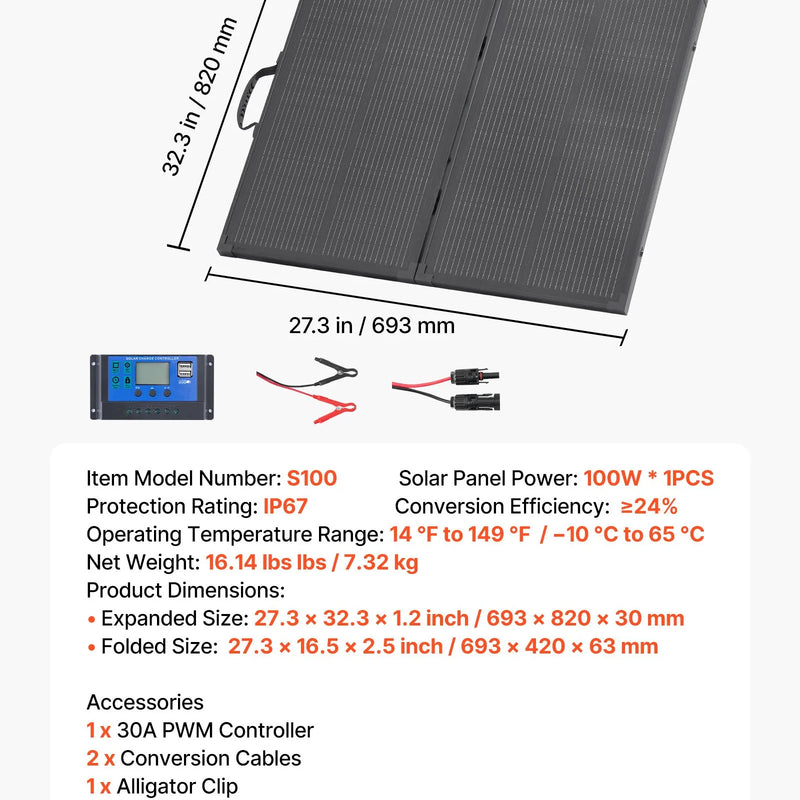 VEVOR salokāms saules panelis ar rāmi 100 W, N tipa monokristālisks 16BB ar 24% efektivitāti, IP67 ūdensizturīgs ar 30 A PWM kontrolieri un MC4 izvadi, piemērots kempingam, pārgājieniem un RV ceļojumiem