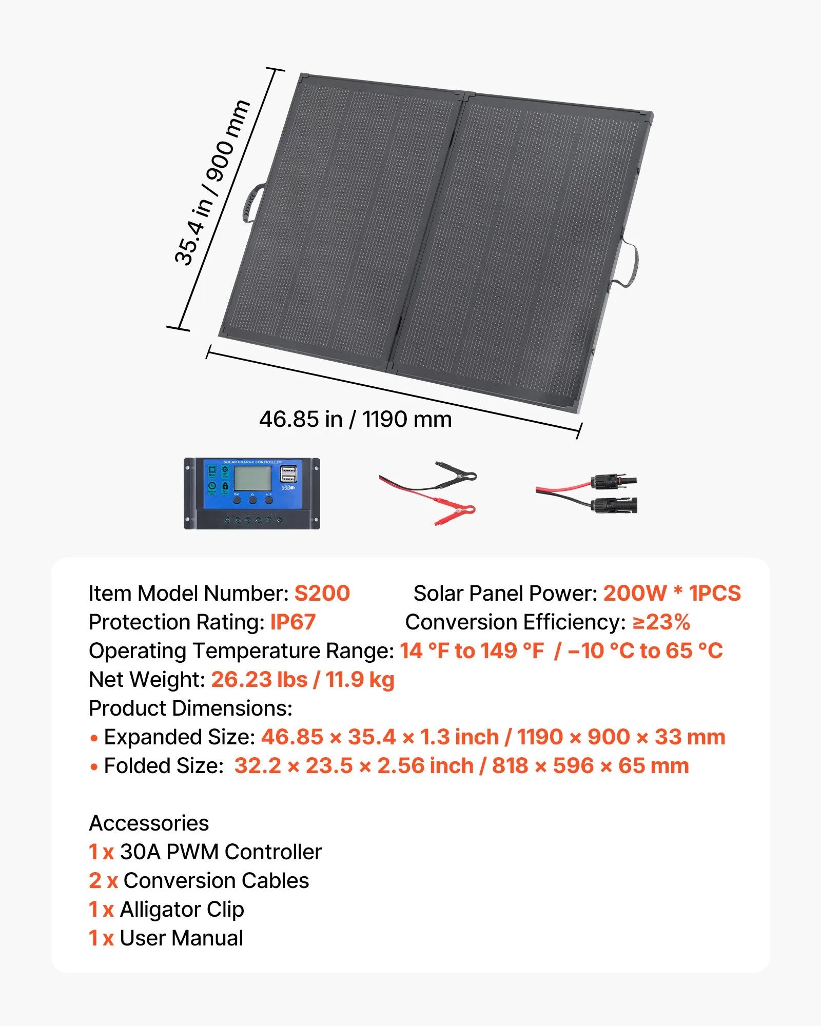 VEVOR salokāms monokristāliskais saules panelis ar rāmi, 200 W, 23 % efektivitāte, 30 A PWM kontrolieris, MC4 savienojums, IP67, kempingam un ceļojumiem