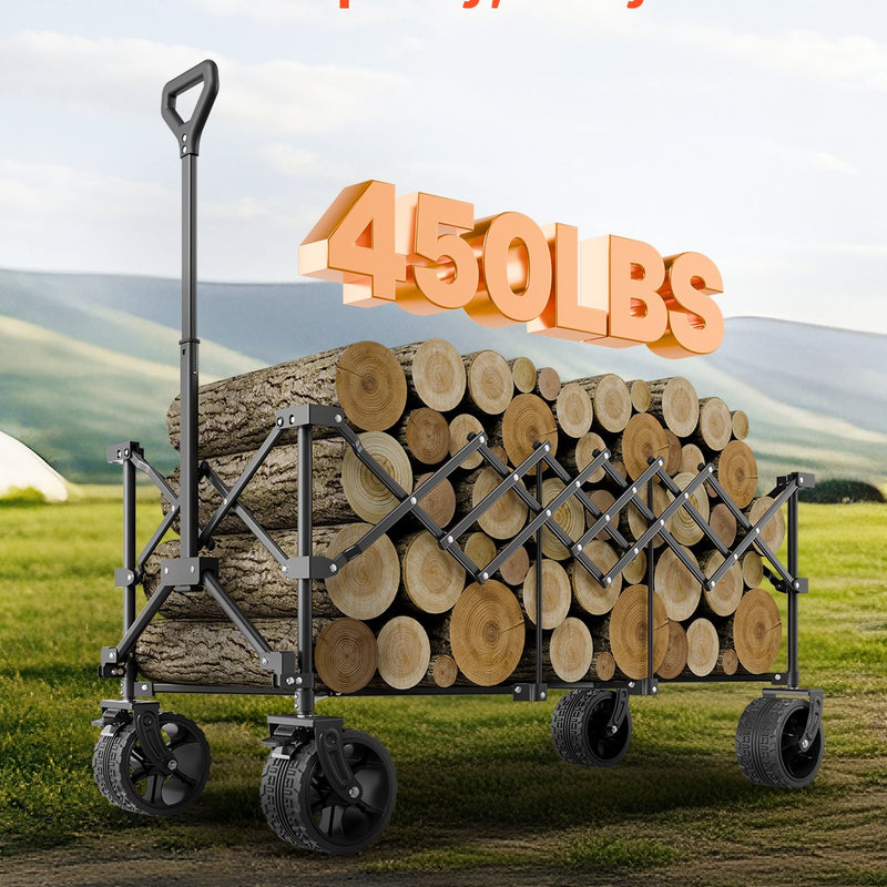 VEVOR saliekami transportēšanas ratiņi ar pagarināmu aizmugures bortu, 300 l ietilpība, salokāmi kravas ratiņi ar visurgājēja riteņiem un 204 kg kravnesību, izturīgi dārza ratiņi iepirkumiem, kempingam un āra aktivitātēm