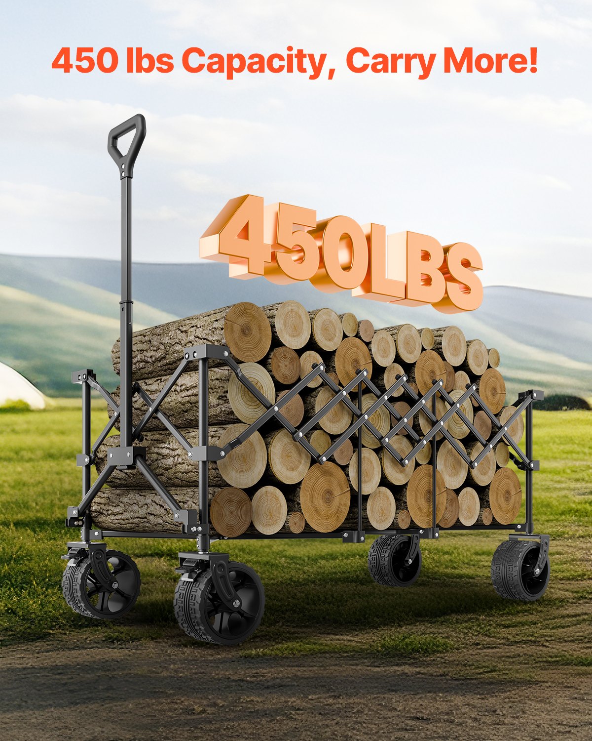 VEVOR saliekami transportēšanas ratiņi ar pagarināmu aizmugures bortu, 300 l ietilpība, salokāmi kravas ratiņi ar visurgājēja riteņiem un 204 kg kravnesību, izturīgi dārza ratiņi iepirkumiem, kempingam un āra aktivitātēm
