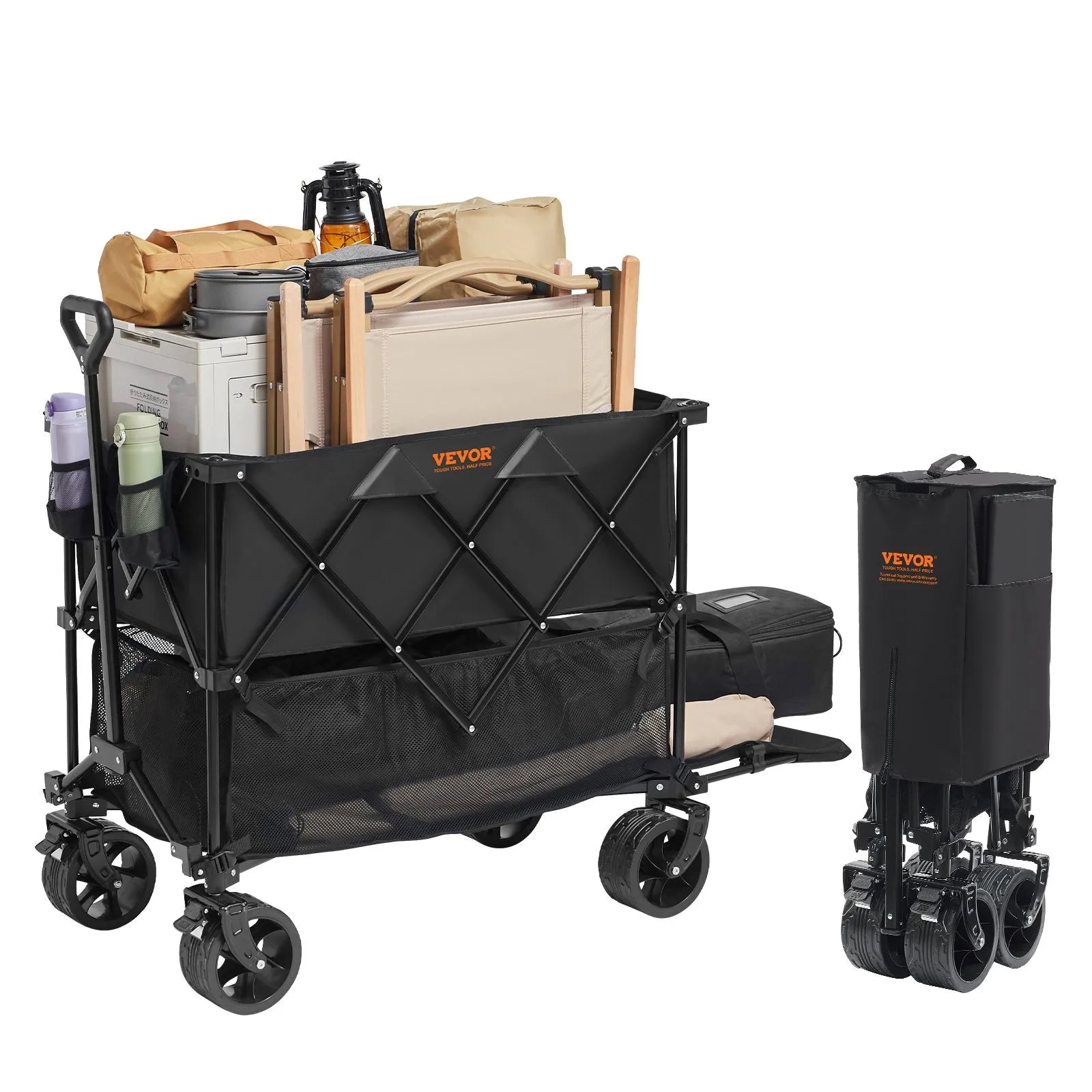 VEVOR saliekams divstāvu transportēšanas ratiņš, 400 l ietilpība, visurgājēja riteņi, salokāms kravas ratiņš ar 159–204 kg kravnesību kempingam, iepirkumiem un dārzam, 132 cm pagarinājums garu priekšmetu pārvadāšanai