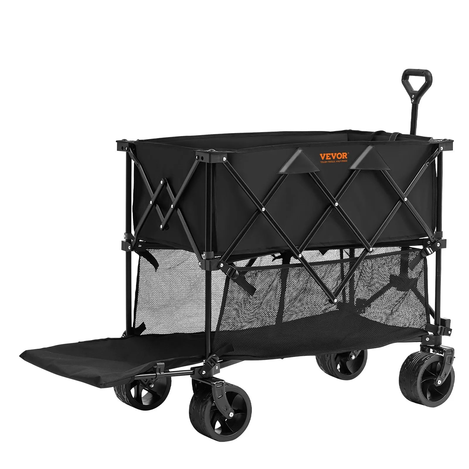 VEVOR saliekams divstāvu transportēšanas ratiņš, 400 l ietilpība, visurgājēja riteņi, salokāms kravas ratiņš ar 159–204 kg kravnesību kempingam, iepirkumiem un dārzam, 132 cm pagarinājums garu priekšmetu pārvadāšanai