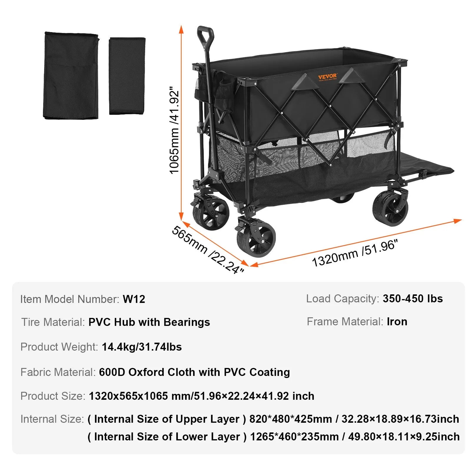 VEVOR saliekams divstāvu transportēšanas ratiņš, 400 l ietilpība, visurgājēja riteņi, salokāms kravas ratiņš ar 159–204 kg kravnesību kempingam, iepirkumiem un dārzam, 132 cm pagarinājums garu priekšmetu pārvadāšanai