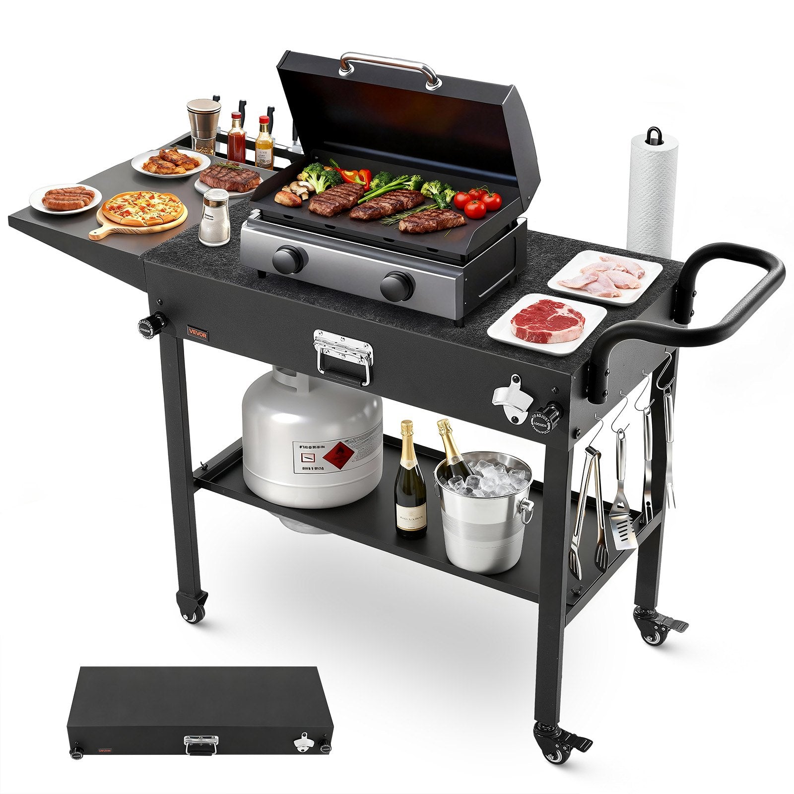 VEVOR āra grila galds, 787 × 432 mm darba virsma, salokāms āra gatavošanas galds ar salvešu turētāju, āķiem, riteņiem un sānu galdu, BBQ sagatavošanai piknikam, virtuvei un pagalmam