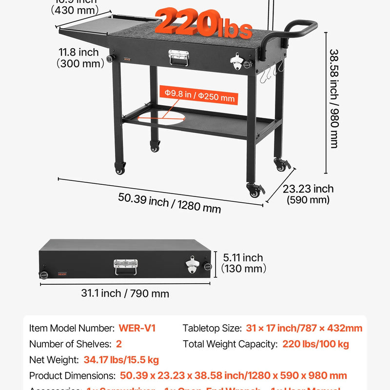 VEVOR āra grila galds, 787 × 432 mm darba virsma, salokāms āra gatavošanas galds ar salvešu turētāju, āķiem, riteņiem un sānu galdu, BBQ sagatavošanai piknikam, virtuvei un pagalmam