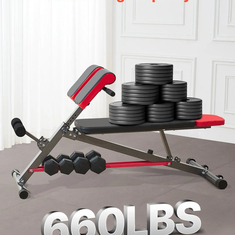 VEVOR Daudzfunkcionāls svaru sols pilna ķermeņa treniņiem, romiešu krēsls hiperekstensijai, regulējams trenažieris ar līdz 300 kg slodzi, muguras, roku, korsetes un vēdera preses vingrinājumiem mājas sporta zālei