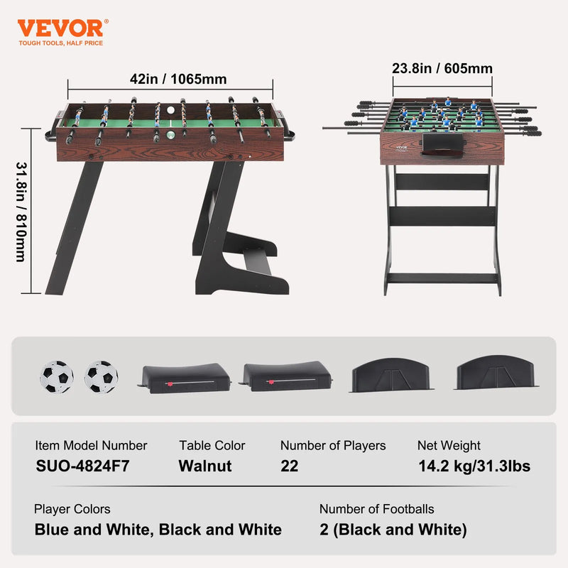 VEVOR salokāms galda futbola galds 107 cm, pilna izmēra iekštelpu modelis mājai, ģimenei un spēļu telpai, komplektā 2 bumbiņas