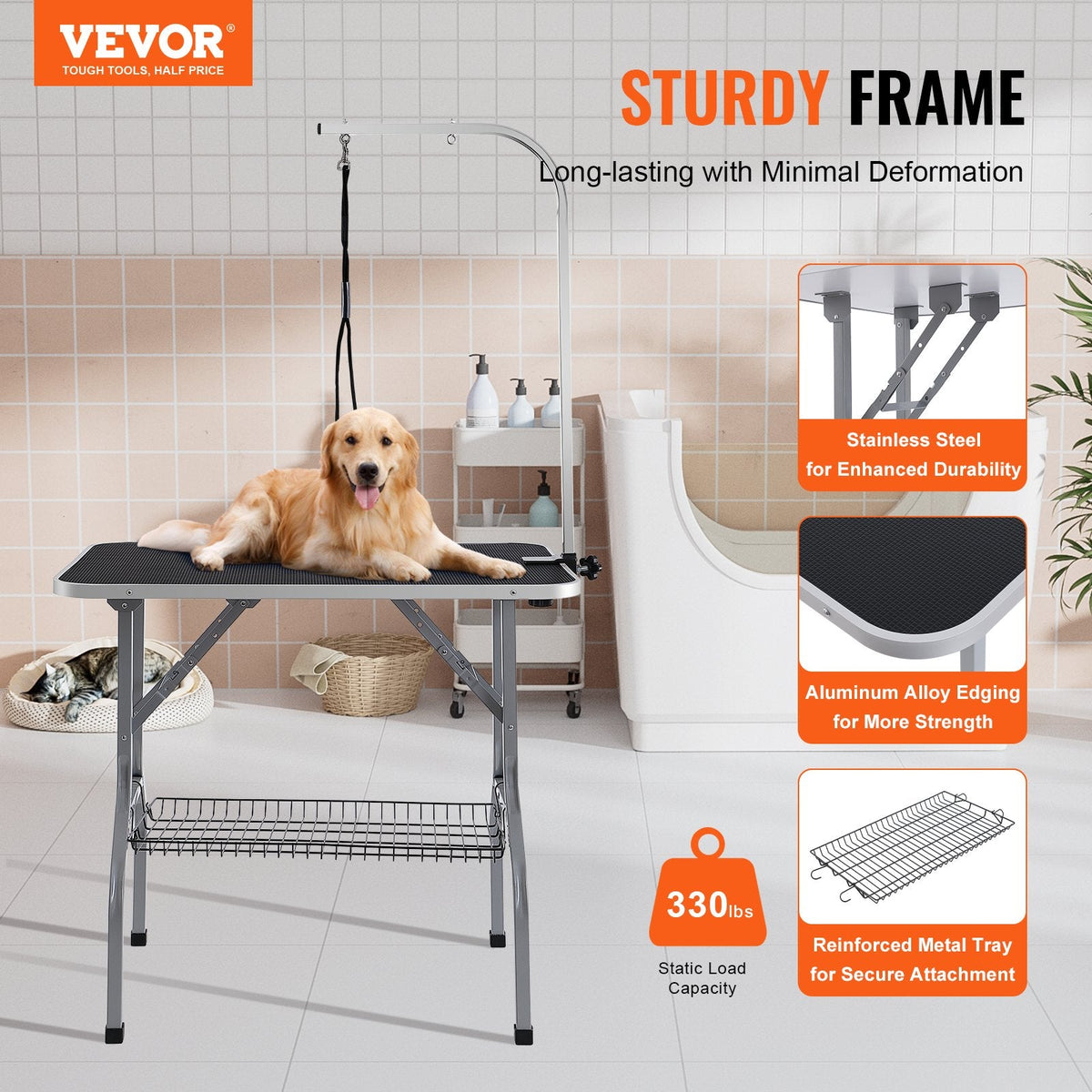 VEVOR Salokāms kopšanas galds mājdzīvniekiem ar stiprinājumu un cilpu, 915 × 610 mm, paredzēts maziem un vidējiem suņiem, slodze līdz 149,7 kg