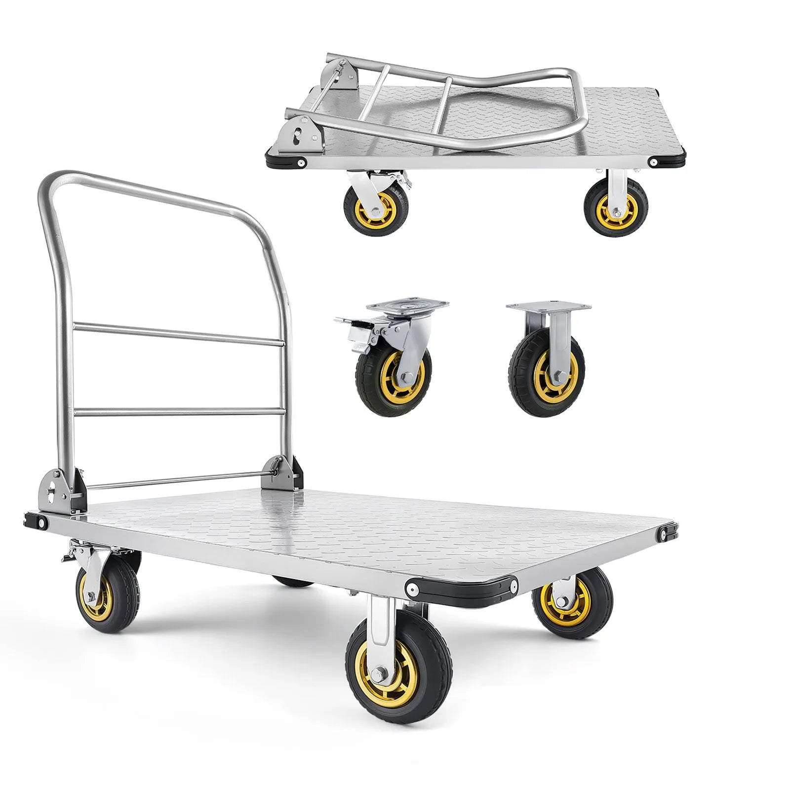 VEVOR platformas ratiņi, kravnesība 907,18 kg, smagas slodzes tērauda plakanie ratiņi ar grozāmiem riteņiem un rokturi, salokāmi, 900 × 600 × 900 mm