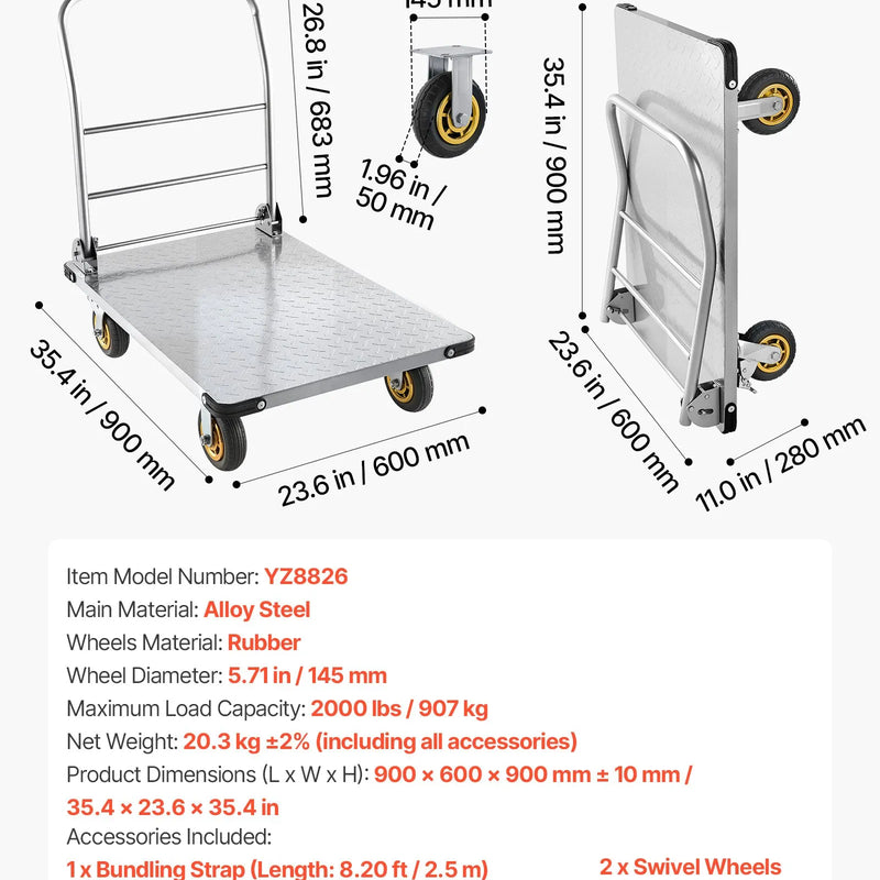 VEVOR platformas ratiņi, kravnesība 907,18 kg, smagas slodzes tērauda plakanie ratiņi ar grozāmiem riteņiem un rokturi, salokāmi, 900 × 600 × 900 mm