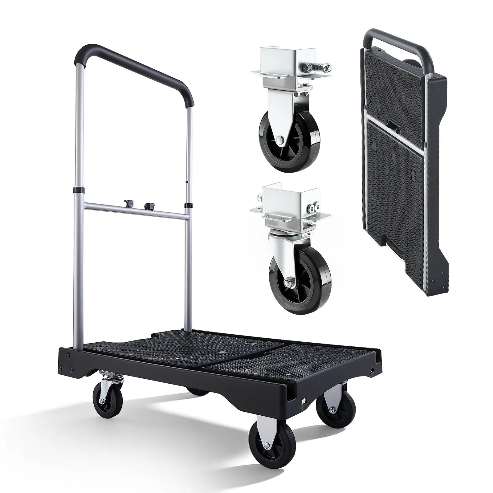 VEVOR Foldable Platform Cart, load capacity 149.69 kg, platform cart with swivel wheels, adjustable push handle, easy to store, 680 × 495 × 115 mm
