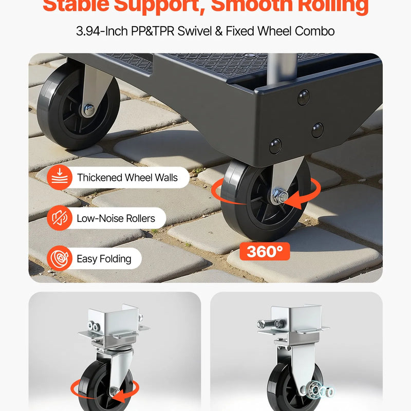 VEVOR salokāmi platformas ratiņi, kravnesība 149,69 kg, platformas ratiņi ar grozāmiem riteņiem, regulējams stumšanas rokturis, ērti uzglabājami, 680 × 495 × 115 mm