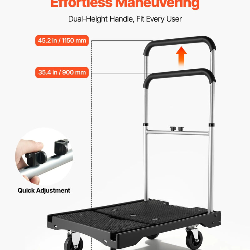 VEVOR salokāmi platformas ratiņi, kravnesība 149,69 kg, platformas ratiņi ar grozāmiem riteņiem, regulējams stumšanas rokturis, ērti uzglabājami, 680 × 495 × 115 mm