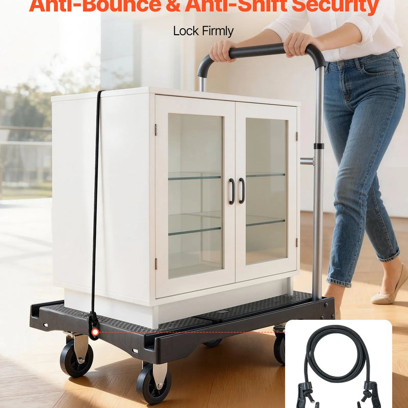 VEVOR salokāmi platformas ratiņi, kravnesība 149,69 kg, platformas ratiņi ar grozāmiem riteņiem, regulējams stumšanas rokturis, ērti uzglabājami, 680 × 495 × 115 mm