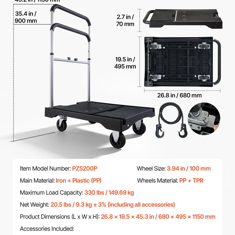 VEVOR salokāmi platformas ratiņi, kravnesība 149,69 kg, platformas ratiņi ar grozāmiem riteņiem, regulējams stumšanas rokturis, ērti uzglabājami, 680 × 495 × 115 mm