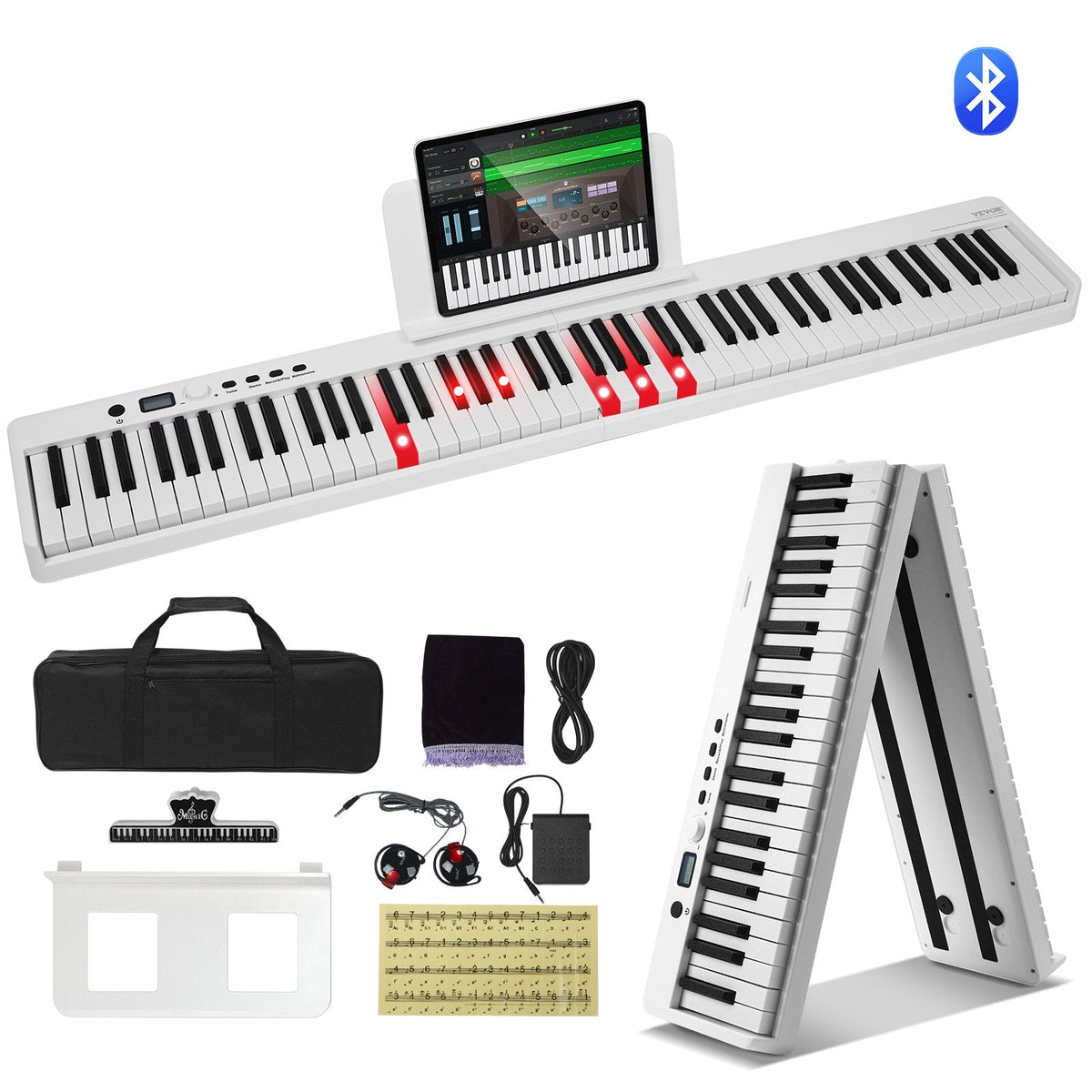 VEVOR salokāma 88 taustiņu klaviatūra, pārnēsājams digitālais pianīns ar Bluetooth un MIDI, balts