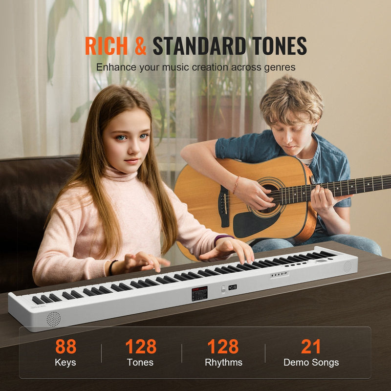 VEVOR salokāma 88 taustiņu klaviatūra, pārnēsājams digitālais pianīns ar Bluetooth un MIDI, balts