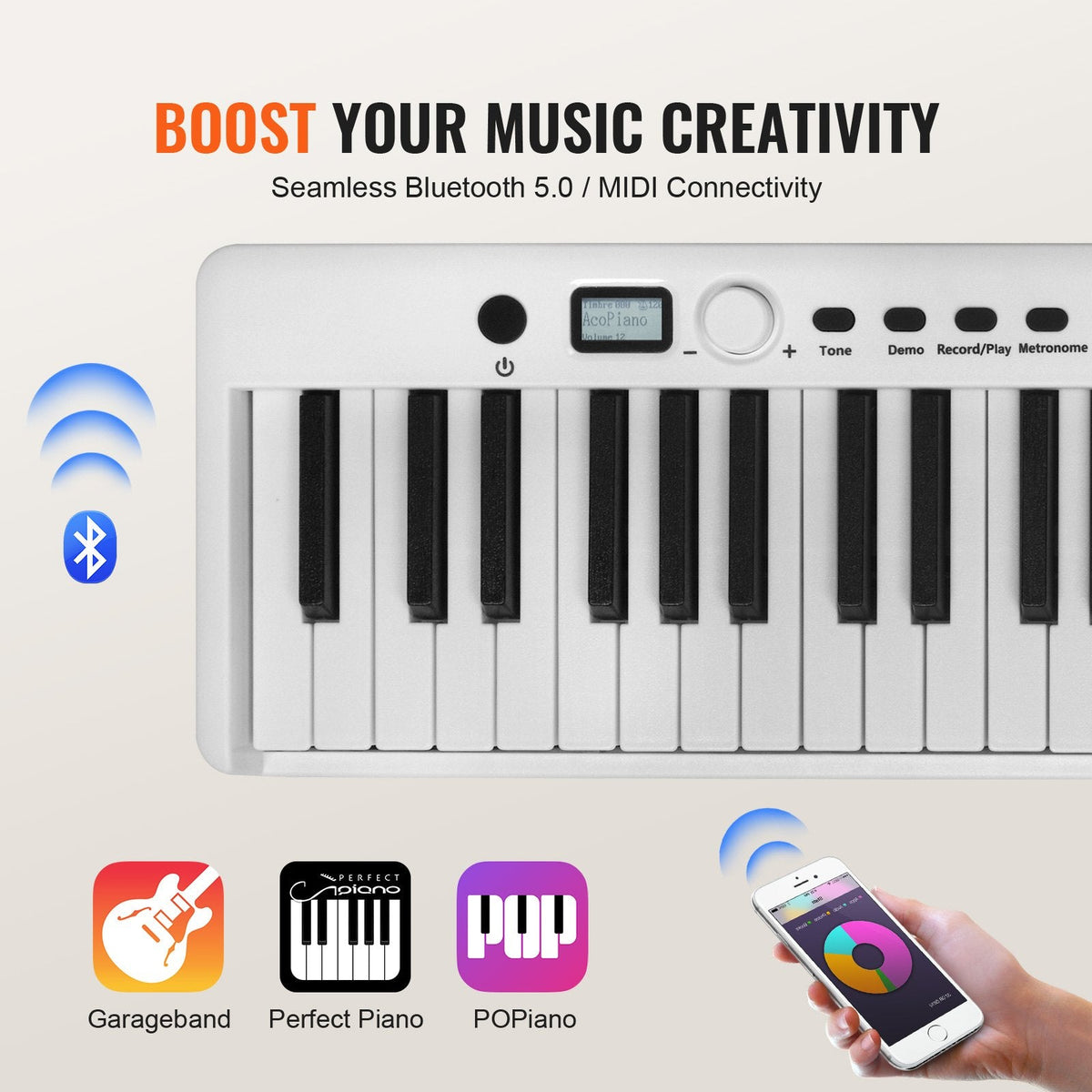 VEVOR salokāma 88 taustiņu klaviatūra, pārnēsājams digitālais pianīns ar Bluetooth un MIDI, balts