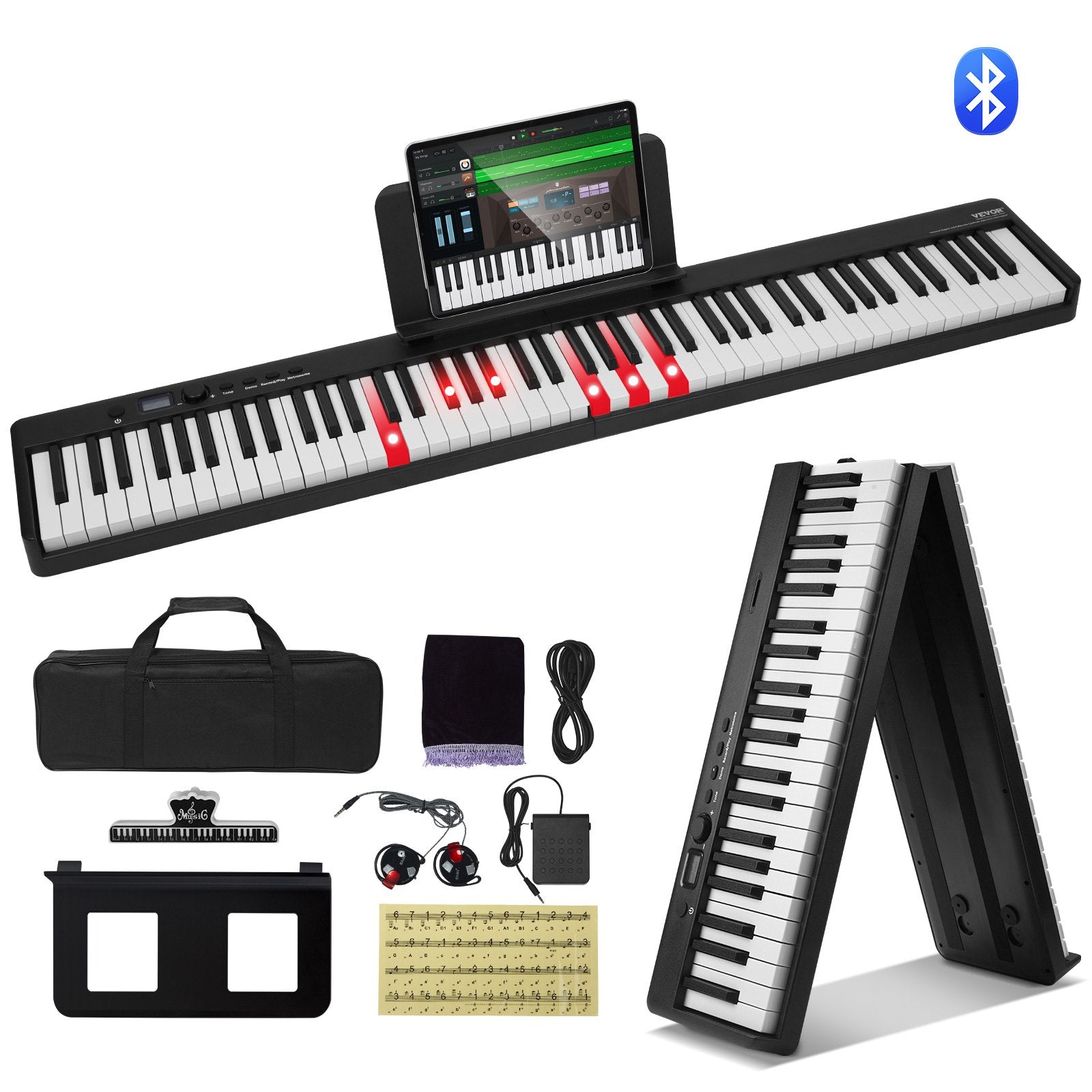 VEVOR 88 taustiņu salokāms digitālais klavieru sintezators ar Bluetooth un MIDI, melns