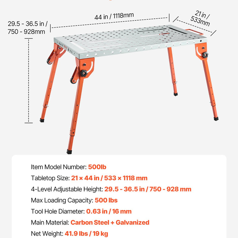 Keevituslaud 111,8 x 53,3 cm, 227 kg Kokkupandav töölaud 4 reguleeritava kõrgusastmega