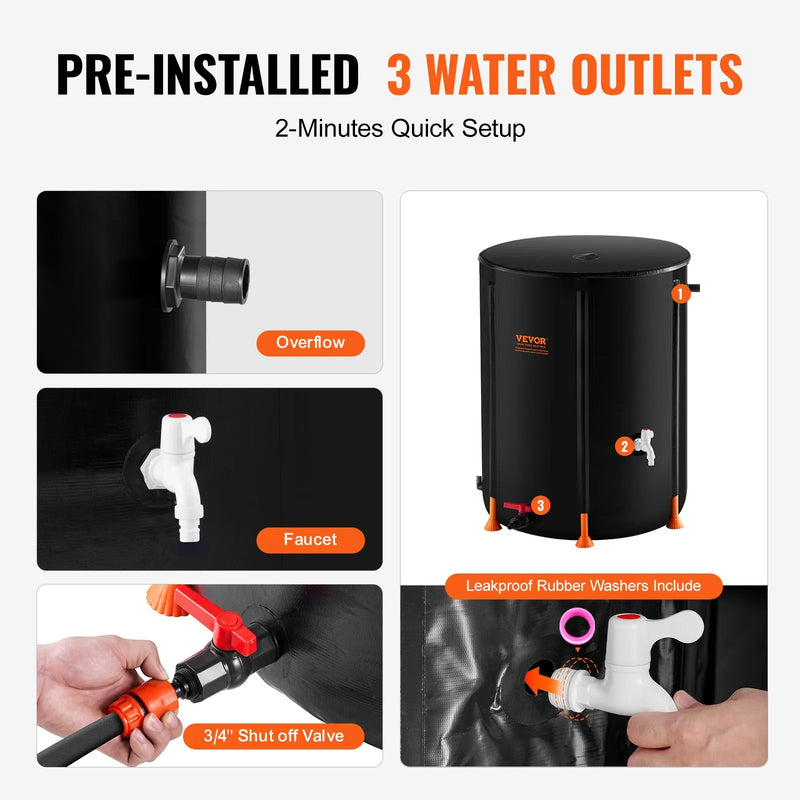 Salokāma lietus ūdens tvertne 250 l ar krāniem un pārplūdes komplektu