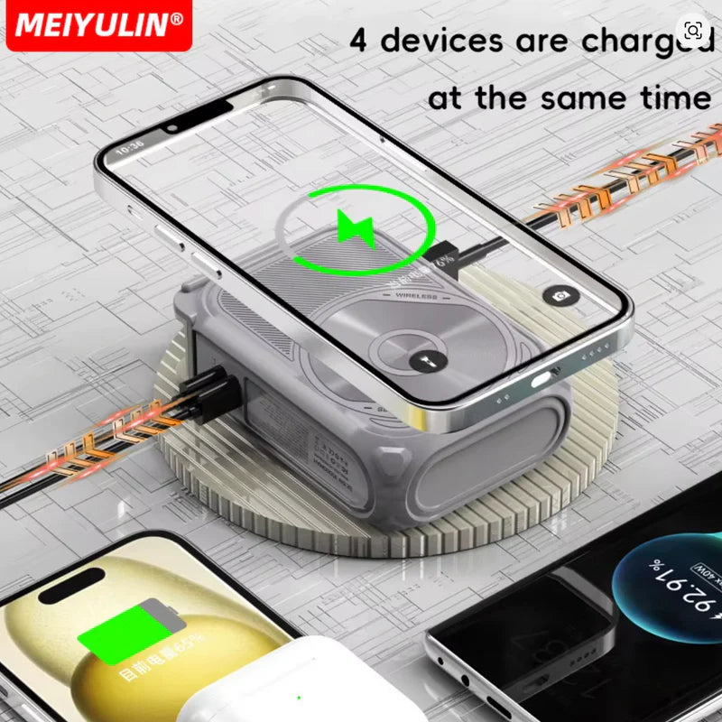 🔋 Magnētiskais Power Bank 20000mAh ar bezvadu uzlādi, statīvu un UK Plug (Fast Charge 20W)Melns