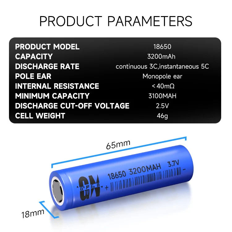 8650 litija jonu akumulators 3200mAh 3.7V 3C/5C uzlādējams elements 65x18mm 46g zema pretestība <40mΩ