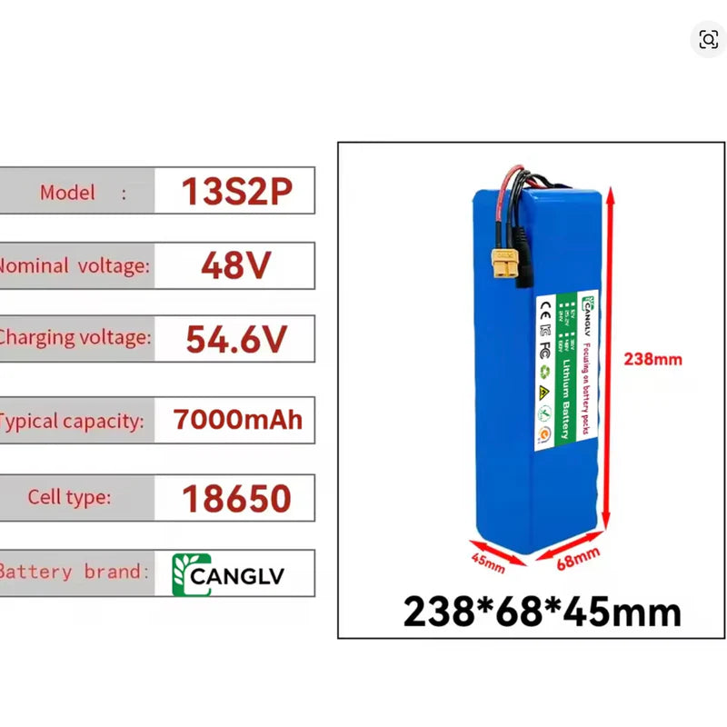 48V 7000mAh Lithium Battery 13S2P (18650) ar BMS un lādētāju e-skrejriteņiem un e-bike