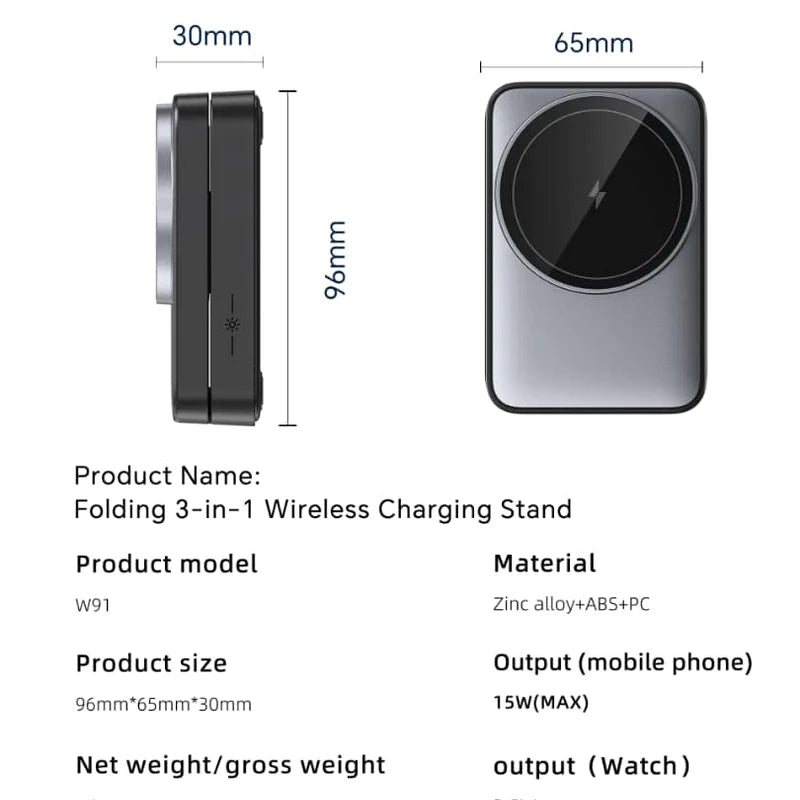W91 Salokāms 3-in-1 Magnētiskais Bezvadu Lādētājs ar Nakts Apgaismojumu (Qi2, 15W)Magsafe